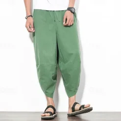 Outlet OUKU Men's Summer Pants Bloomers Harem Pants Pocket Drawstring Elastic Waist Plain Comfort Breathable Calf-Length Vacation Daily Holiday Hawaiian Boho Black Red