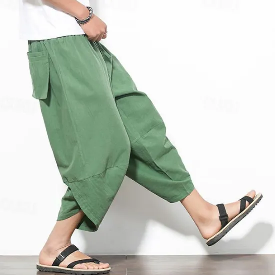 Outlet OUKU Men's Summer Pants Bloomers Harem Pants Pocket Drawstring Elastic Waist Plain Comfort Breathable Calf-Length Vacation Daily Holiday Hawaiian Boho Black Red