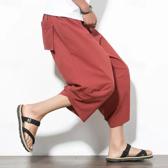 Outlet OUKU Men's Summer Pants Bloomers Harem Pants Pocket Drawstring Elastic Waist Plain Comfort Breathable Calf-Length Vacation Daily Holiday Hawaiian Boho Black Red