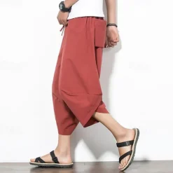 Outlet OUKU Men's Summer Pants Bloomers Harem Pants Pocket Drawstring Elastic Waist Plain Comfort Breathable Calf-Length Vacation Daily Holiday Hawaiian Boho Black Red