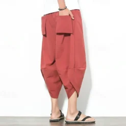 Outlet OUKU Men's Summer Pants Bloomers Harem Pants Pocket Drawstring Elastic Waist Plain Comfort Breathable Calf-Length Vacation Daily Holiday Hawaiian Boho Black Red