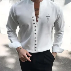 Best OUKU Men's Summer Shirt Button Up Shirts Ethnic Shirt Faith Party Outdoor Long Sleeve Standing Collar Spring & Summer Clothing Apparel Print White