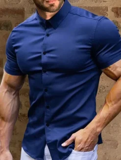 Best OUKU Men's Summer Shirt Casual Shirt Button Up Shirt Black White Red Green Dark Blue Short Sleeve Plain Turndown Vacation Street Button-Down Clothing Apparel Fashion Leisure