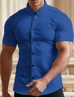 Best OUKU Men's Summer Shirt Casual Shirt Button Up Shirt Black White Red Green Dark Blue Short Sleeve Plain Turndown Vacation Street Button-Down Clothing Apparel Fashion Leisure