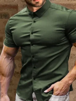 Best OUKU Men's Summer Shirt Casual Shirt Button Up Shirt Black White Red Green Dark Blue Short Sleeve Plain Turndown Vacation Street Button-Down Clothing Apparel Fashion Leisure