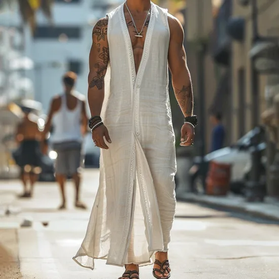 Hot OUKU Men's Summer Shirt Casual Shirt Beach Shirt Cotton Shirt Sleeveless Solid / Plain Color V Neck Vacation Hawaiian Clothing Apparel Fashion Casual Comfortable White