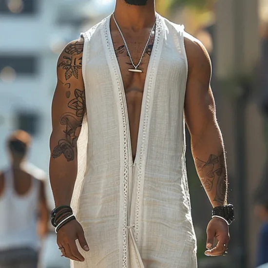 Hot OUKU Men's Summer Shirt Casual Shirt Beach Shirt Cotton Shirt Sleeveless Solid / Plain Color V Neck Vacation Hawaiian Clothing Apparel Fashion Casual Comfortable White