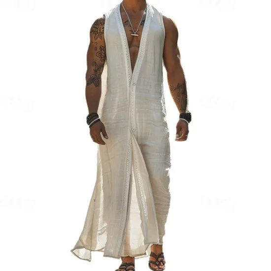 Hot OUKU Men's Summer Shirt Casual Shirt Beach Shirt Cotton Shirt Sleeveless Solid / Plain Color V Neck Vacation Hawaiian Clothing Apparel Fashion Casual Comfortable White