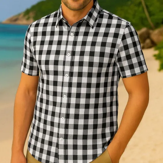 Discount OUKU Men's Summer Shirt Casual Shirt Beach Shirt Button Up Shirt Black Pink Sky Blue Short Sleeve Plaid / Check Lapel Vacation Hawaiian Button-Down Clothing Apparel Polyester Fashion Casual Bavarian
