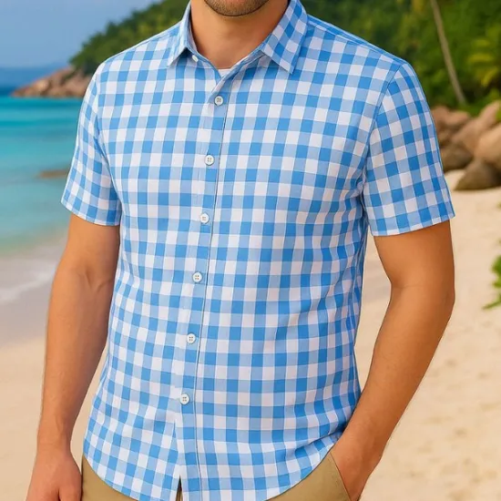 Discount OUKU Men's Summer Shirt Casual Shirt Beach Shirt Button Up Shirt Black Pink Sky Blue Short Sleeve Plaid / Check Lapel Vacation Hawaiian Button-Down Clothing Apparel Polyester Fashion Casual Bavarian