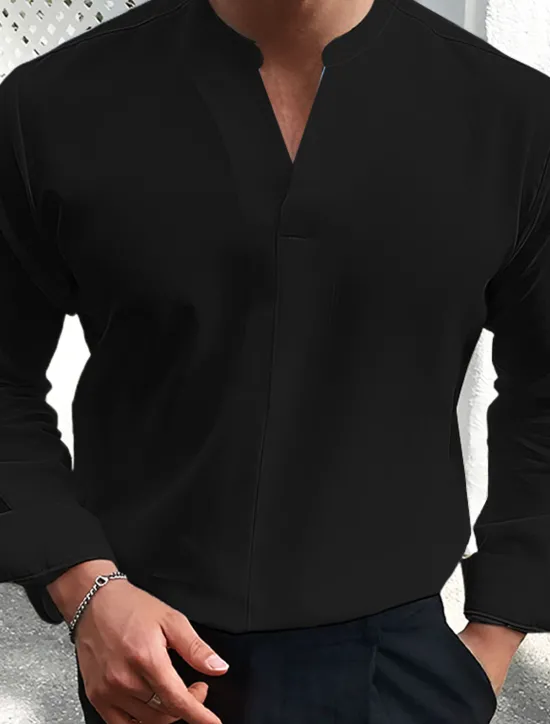 Hot OUKU Men's Summer Shirt Casual Shirt Black White Wine Dark Navy Blue Long Sleeve Plain V Neck Street Vacation Sexy Clothing Apparel Fashion Shirts Leisure
