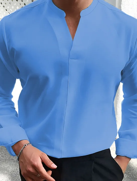 Hot OUKU Men's Summer Shirt Casual Shirt Black White Wine Dark Navy Blue Long Sleeve Plain V Neck Street Vacation Sexy Clothing Apparel Fashion Shirts Leisure
