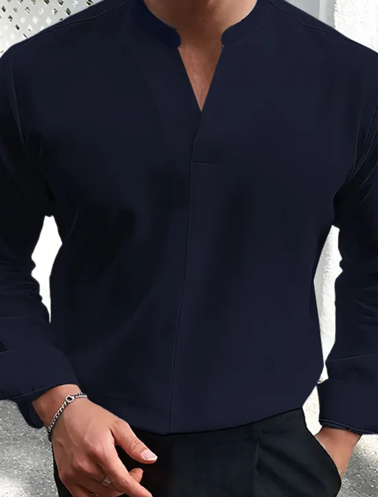 Hot OUKU Men's Summer Shirt Casual Shirt Black White Wine Dark Navy Blue Long Sleeve Plain V Neck Street Vacation Sexy Clothing Apparel Fashion Shirts Leisure