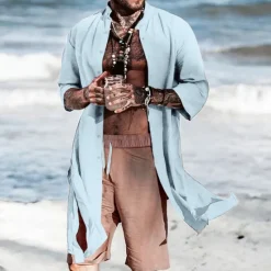 OUKU Men's Summer Shirt Casual Shirt Beach Shirt Plain Vacation Street Blue Coffee Long Sleeve Standing Collar Summer Clothing Apparel Button-Down