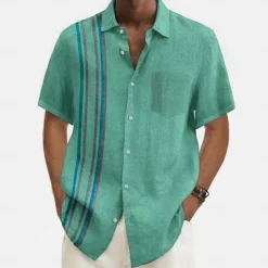 Best OUKU Men's Summer Shirt Casual Shirt Beach Shirt Button Up Shirt Blue Green Short Sleeve Pattern Stripes Lapel Vacation Hawaiian Clothing Apparel Polyester Fashion Casual Comfortable