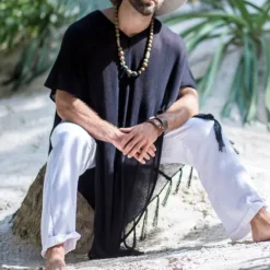 Outlet OUKU Men's Summer Shirt Casual Shirt Beach Shirt Cotton Shirt Shrugs Short Sleeve Solid / Plain Color V Neck Vacation Hawaiian Clothing Apparel Fashion Casual Comfortable Black