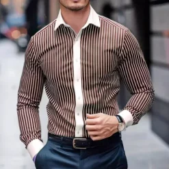 Best OUKU Men's Summer Shirt Casual Shirt Beach Shirt Collared Shirt Button Up Shirt Striped Shirts Black Blue Purple Brown Green Long Sleeve Stripe Lapel Vacation Holiday Button-Down Clothing Apparel Polyester