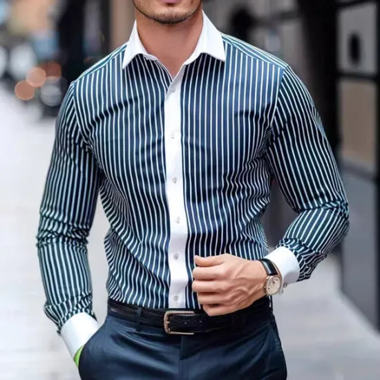 Best OUKU Men's Summer Shirt Casual Shirt Beach Shirt Collared Shirt Button Up Shirt Striped Shirts Black Blue Purple Brown Green Long Sleeve Stripe Lapel Vacation Holiday Button-Down Clothing Apparel Polyester