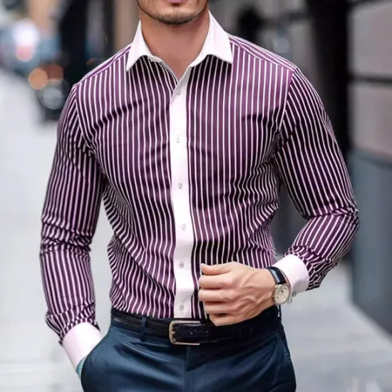 Best OUKU Men's Summer Shirt Casual Shirt Beach Shirt Collared Shirt Button Up Shirt Striped Shirts Black Blue Purple Brown Green Long Sleeve Stripe Lapel Vacation Holiday Button-Down Clothing Apparel Polyester