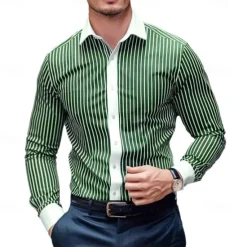 Best OUKU Men's Summer Shirt Casual Shirt Beach Shirt Collared Shirt Button Up Shirt Striped Shirts Black Blue Purple Brown Green Long Sleeve Stripe Lapel Vacation Holiday Button-Down Clothing Apparel Polyester