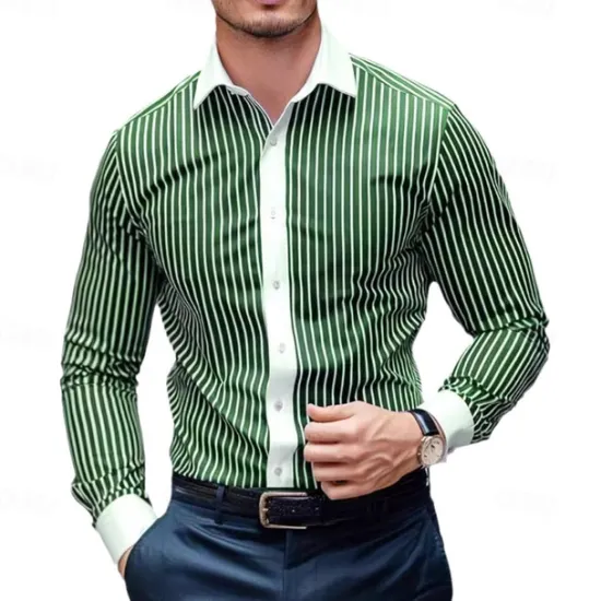 Best OUKU Men's Summer Shirt Casual Shirt Beach Shirt Collared Shirt Button Up Shirt Striped Shirts Black Blue Purple Brown Green Long Sleeve Stripe Lapel Vacation Holiday Button-Down Clothing Apparel Polyester