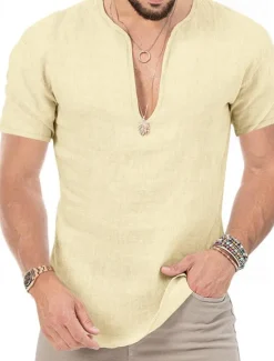 Clearance OUKU Men's Summer Shirt Casual Shirt Beach Shirt Plain Hawaiian Holiday Black White Blue Khaki Short Sleeve V Neck Spring & Summer Clothing Apparel Basic