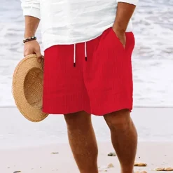 Online OUKU Men's Summer Shorts Beach Shorts Casual Shorts Pocket Drawstring Elastic Waist Plain Comfort Breathable Short Holiday Vacation Beach Hawaiian Boho Black White