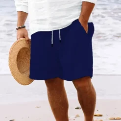 Online OUKU Men's Summer Shorts Beach Shorts Casual Shorts Pocket Drawstring Elastic Waist Plain Comfort Breathable Short Holiday Vacation Beach Hawaiian Boho Black White