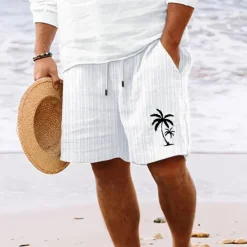 Best OUKU Men's Summer Shorts Beach Shorts Casual Shorts Pocket Drawstring Elastic Waist Coconut Tree Comfort Breathable Short Holiday Vacation Beach Hawaiian Boho White Sky Blue