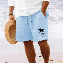 Best OUKU Men's Summer Shorts Beach Shorts Casual Shorts Pocket Drawstring Elastic Waist Coconut Tree Comfort Breathable Short Holiday Vacation Beach Hawaiian Boho White Sky Blue