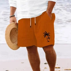 Best OUKU Men's Summer Shorts Beach Shorts Casual Shorts Pocket Drawstring Elastic Waist Coconut Tree Comfort Breathable Short Holiday Vacation Beach Hawaiian Boho White Sky Blue