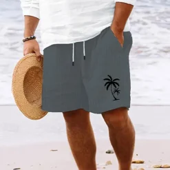 Best OUKU Men's Summer Shorts Beach Shorts Casual Shorts Pocket Drawstring Elastic Waist Coconut Tree Comfort Breathable Short Holiday Vacation Beach Hawaiian Boho White Sky Blue