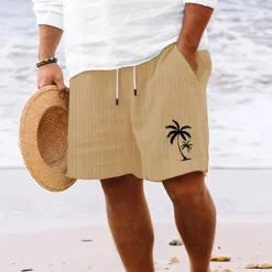 Best OUKU Men's Summer Shorts Beach Shorts Casual Shorts Pocket Drawstring Elastic Waist Coconut Tree Comfort Breathable Short Holiday Vacation Beach Hawaiian Boho White Sky Blue