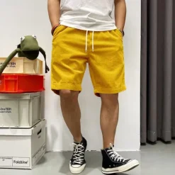 Hot OUKU Men's Summer Shorts Casual Shorts Corduroy Shorts Pocket Drawstring Elastic Waist Plain Comfort Knee Length Outdoor Daily Fashion Classic Style Black Yellow Micro-elastic