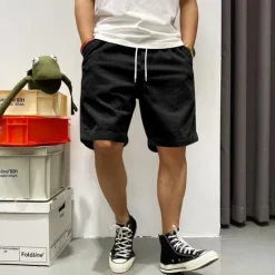Hot OUKU Men's Summer Shorts Casual Shorts Corduroy Shorts Pocket Drawstring Elastic Waist Plain Comfort Knee Length Outdoor Daily Fashion Classic Style Black Yellow Micro-elastic