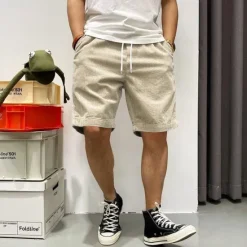 Hot OUKU Men's Summer Shorts Casual Shorts Corduroy Shorts Pocket Drawstring Elastic Waist Plain Comfort Knee Length Outdoor Daily Fashion Classic Style Black Yellow Micro-elastic