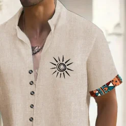 OUKU Men's Sun Ethnic Indian Culture Shirt Button Up Shirt Stand Collar Shirt Short Sleeves Vintage Retro Vacation Daily Summer Spring Grandad Collar Mandarin Collar 3D Print Linen Like Shirt Blue Green