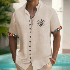 OUKU Men's Sun Ethnic Indian Culture Shirt Button Up Shirt Stand Collar Shirt Short Sleeves Vintage Retro Vacation Daily Summer Spring Grandad Collar Mandarin Collar 3D Print Linen Like Shirt Blue Green
