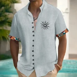 OUKU Men's Sun Ethnic Indian Culture Shirt Button Up Shirt Stand Collar Shirt Short Sleeves Vintage Retro Vacation Daily Summer Spring Grandad Collar Mandarin Collar 3D Print Linen Like Shirt Blue Green