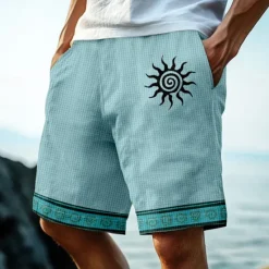 OUKU Men's Sun Ethnic Indian Culture Waffle Shorts Sweat Shorts Casual Shorts Mid Waist Retro Vintage Vacation Jogging Workout Elastic Drawstring Waist Shorts with Pockets Designer Clothing Apparel