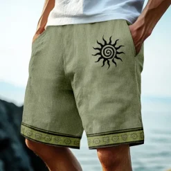 OUKU Men's Sun Ethnic Indian Culture Waffle Shorts Sweat Shorts Casual Shorts Mid Waist Retro Vintage Vacation Jogging Workout Elastic Drawstring Waist Shorts with Pockets Designer Clothing Apparel