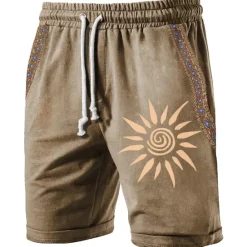 Online OUKU Men's Sun Graphic Prints Sweat Shorts Beach Shorts Terry Shorts Mid Waist Vintage Ethnic Style Retro Vintage Daily Holiday Streetwear Drawstring Elastic Waist 3D Print Designer Clothing Apparel