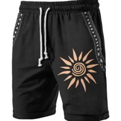 Online OUKU Men's Sun Graphic Prints Sweat Shorts Beach Shorts Terry Shorts Mid Waist Vintage Ethnic Style Retro Vintage Daily Holiday Streetwear Drawstring Elastic Waist 3D Print Designer Clothing Apparel