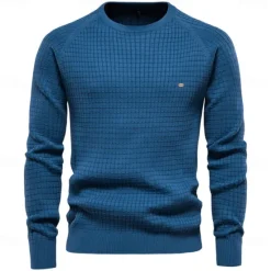 Discount OUKU Men's Sweater Pullover Sweater Jumper Knitwear Ribbed Knit Regular Tops Plaid Crew Neck Knitwear Neutral Outdoor Casual Daily Clothing Apparel Spring & Fall Navy Blue Blue S M L