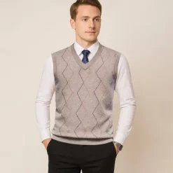 Hot OUKU Men's Sweater Vest Knit Jacquard Geometric Pattern V Neck Daily Vests Vacation Home Clothing Apparel Sleeveless Summer Spring Black Khaki S M L