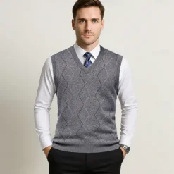 Hot OUKU Men's Sweater Vest Knit Jacquard Geometric Pattern V Neck Daily Vests Vacation Home Clothing Apparel Sleeveless Summer Spring Black Khaki S M L