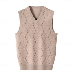 Hot OUKU Men's Sweater Vest Knit Jacquard Geometric Pattern V Neck Daily Vests Vacation Home Clothing Apparel Sleeveless Summer Spring Black Khaki S M L