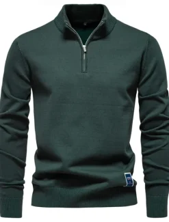 Outlet OUKU Men's Sweater Zip Sweater Ribbed Knit Regular Zipper Solid Color Rolled collar Knitwear Daily Outdoor Sports & Outdoor Clothing Apparel Spring & Fall Navy Blue Green