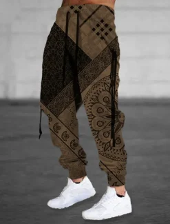 OUKU Men's Sweatpants Joggers Trousers Drawstring Elastic Waist 3D Print Graphic Prints Flower / Floral Comfort Sports Outdoor Casual Daily Cotton Blend Terry Streetwear Designer Brown Khaki Micro-elastic