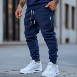 Online OUKU Men's Sweatpants Joggers Trousers Pocket Plain Soft Outdoor Full Length Casual Daily Weekend Sports Fashion Black Navy Blue Micro-elastic